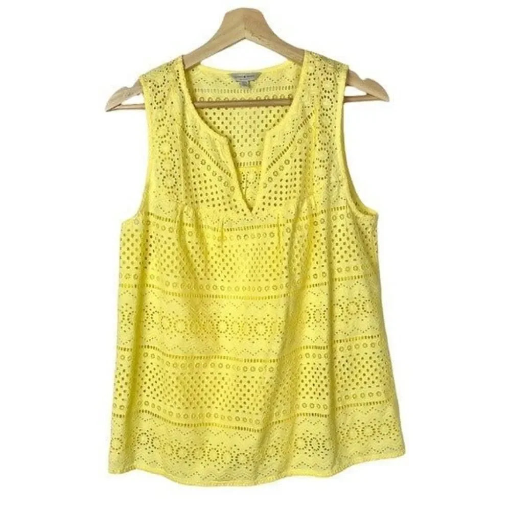 Lucky Brand Yellow V-Neck Eyelet Lace Sleeveless Blouse M